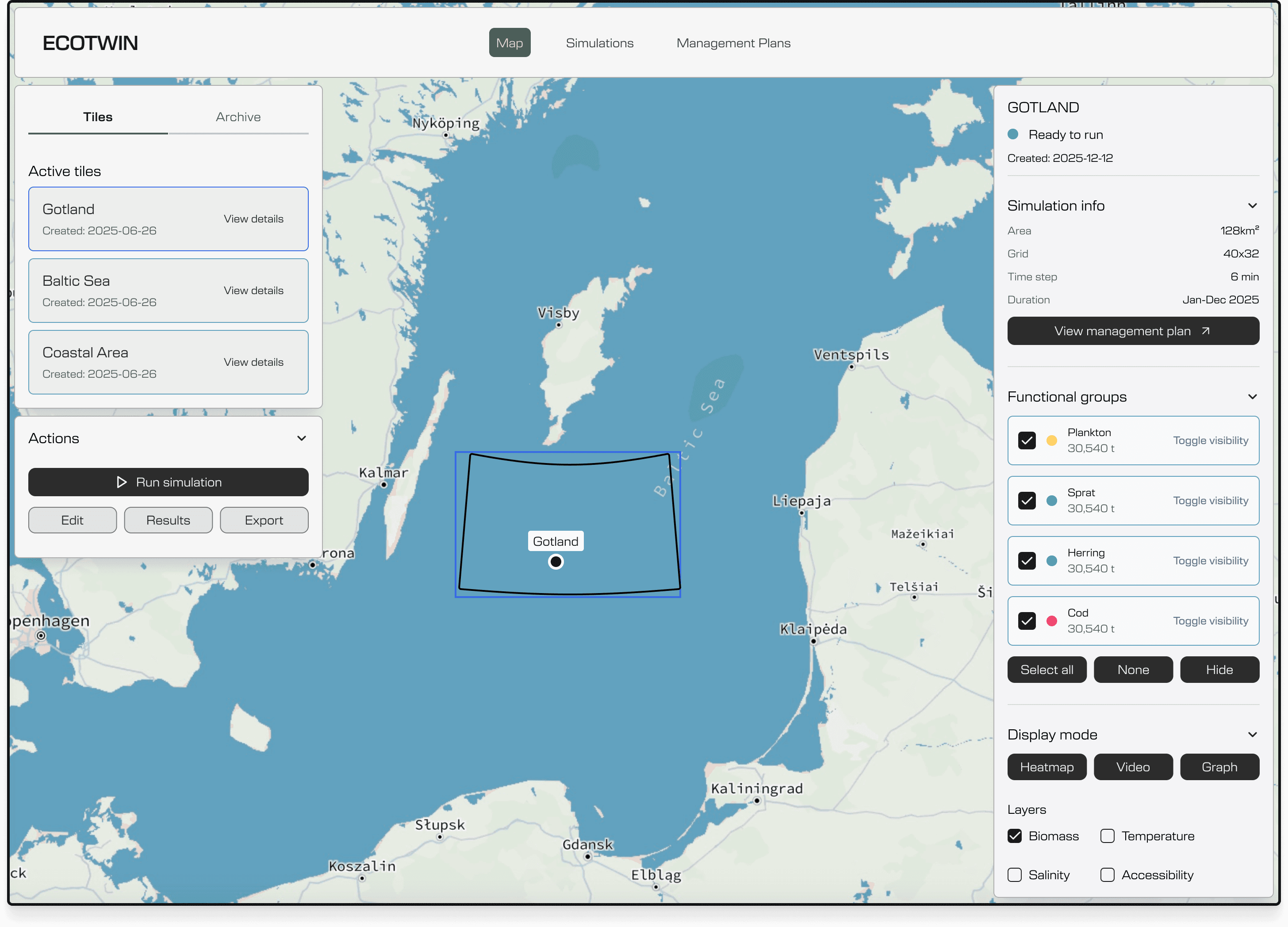 Ecotwin simulation workspace: map and ecosystem modeling interface